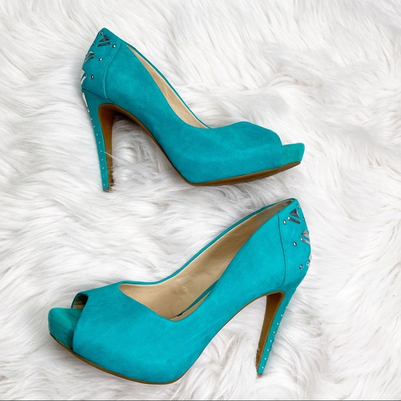 Gianni Bini Lexa Studded Peep Toe Heels In Teal - Picture 6 of 10